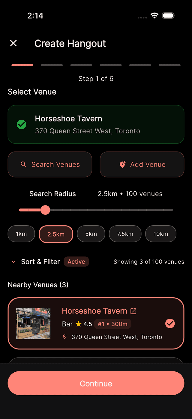 Create Hangout screen showing vibe and activity tag selection