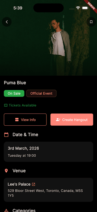 Event detail showing Create Hangout button
