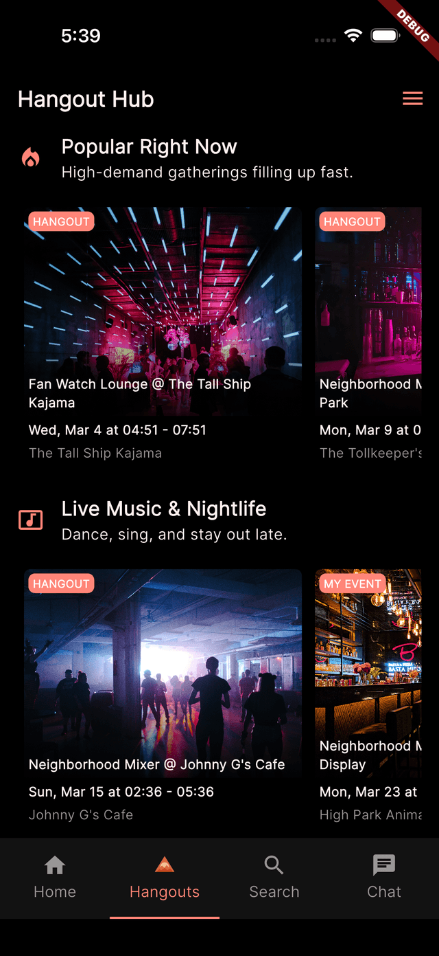 Hangout Hub showing featured hangouts and nearby meetups